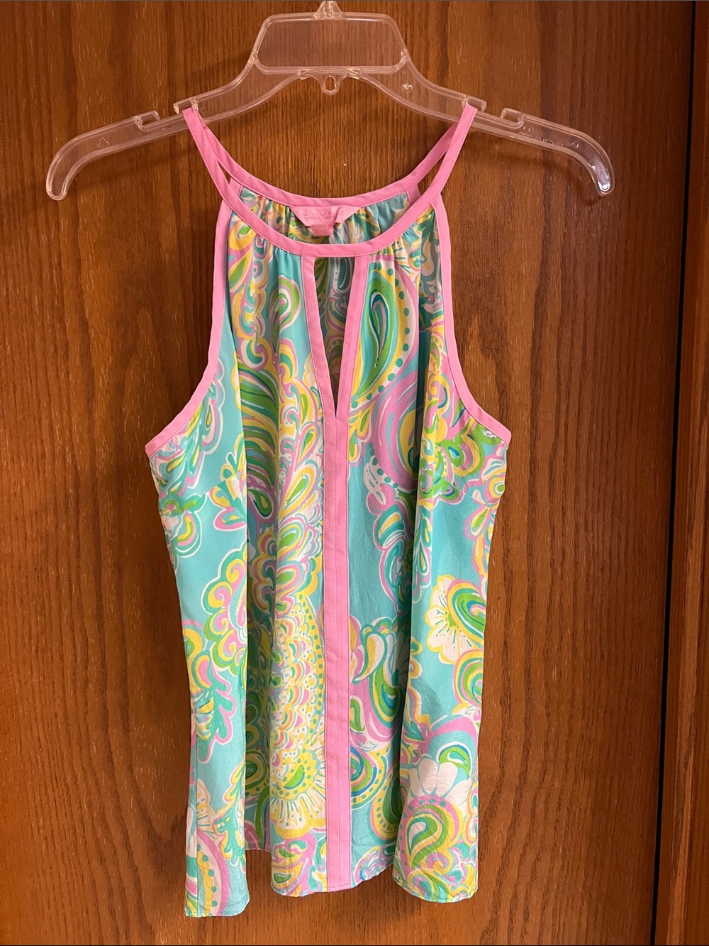 Lilly Pulitzer Tillie Aqua Paisley Silk Halter Tank with Pink Trim. Medium. EUC